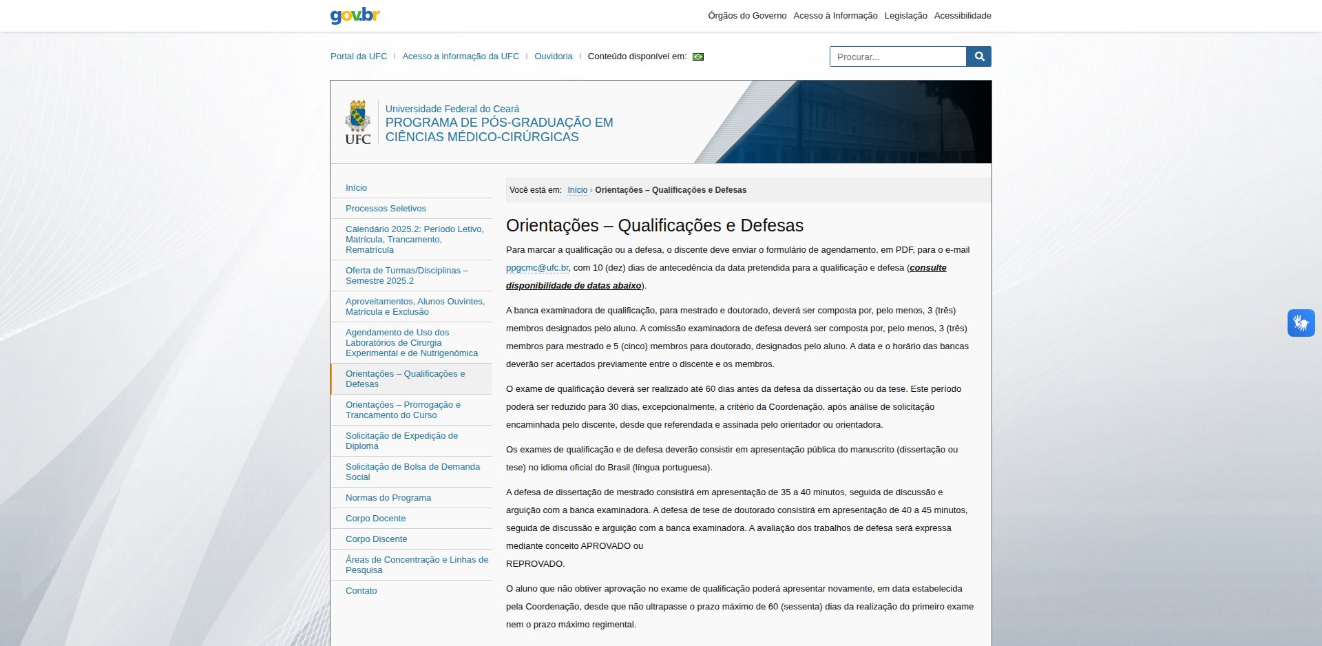 Página Orientações – Qualificações e Defesas do PPG em Ciências Médico-Cirúrgicas da UFC, com as regras de agendamento, composição da banca, prazo da qualificação, tempo de apresentação e conceito aprovado ou reprovado