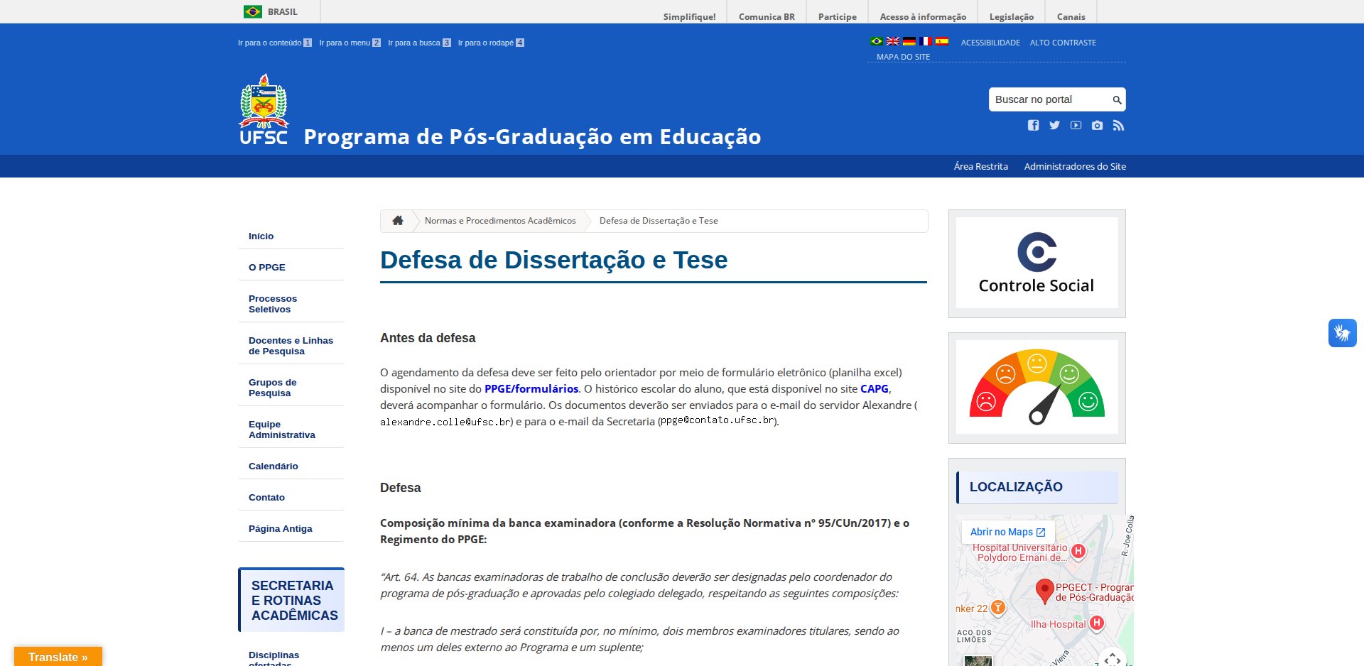Página Defesa de Dissertação e Tese do PPG em Educação da UFSC, com a seção Antes da defesa e a composição mínima da banca examinadora conforme a Resolução Normativa nº 95/CUn/2017