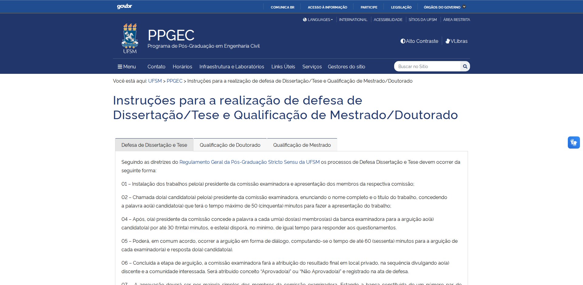 Página Instruções para a realização de defesa de Dissertação/Tese e Qualificação de Mestrado/Doutorado do PPGEC da UFSM, com as abas Defesa, Qualificação de Doutorado e Qualificação de Mestrado e os itens numerados do roteiro da sessão