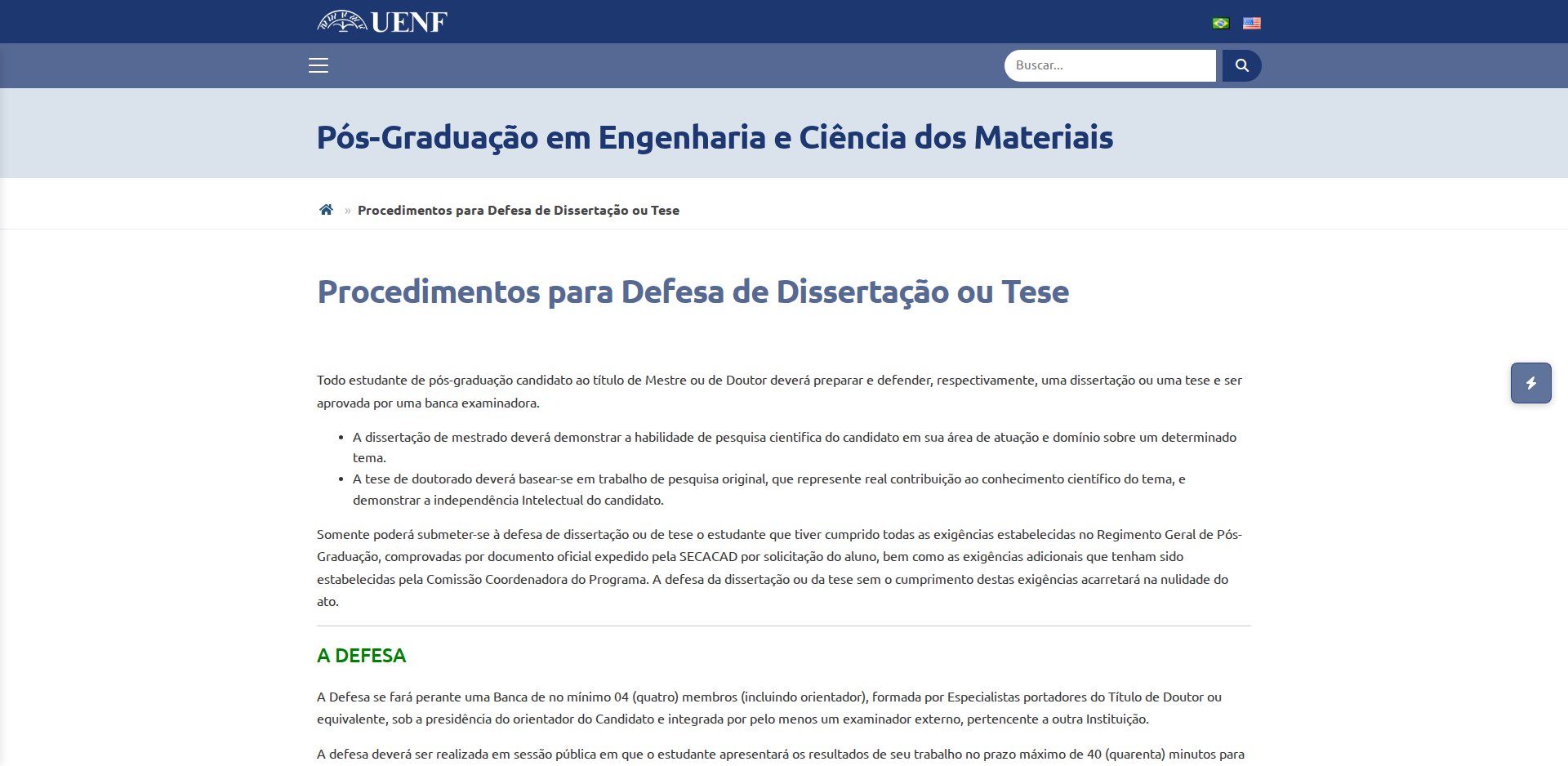 Página Procedimentos para Defesa de Dissertação ou Tese do PPG em Engenharia e Ciência dos Materiais da UENF, com a seção A Defesa: banca de no mínimo 4 membros e sessão pública com apresentação em até 40 minutos