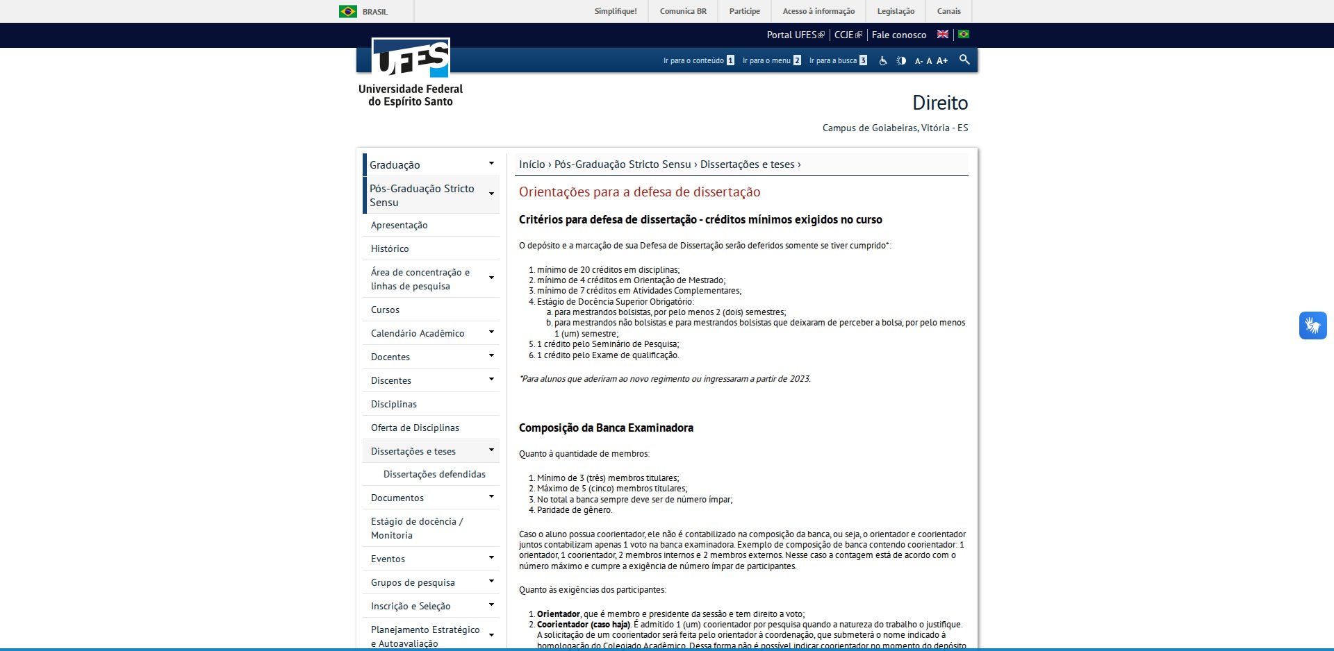 Página Orientações para a defesa de dissertação do PPG em Direito da UFES, com os critérios para o depósito e a composição da banca examinadora: mínimo de 3 e máximo de 5 titulares, número ímpar e paridade de gênero