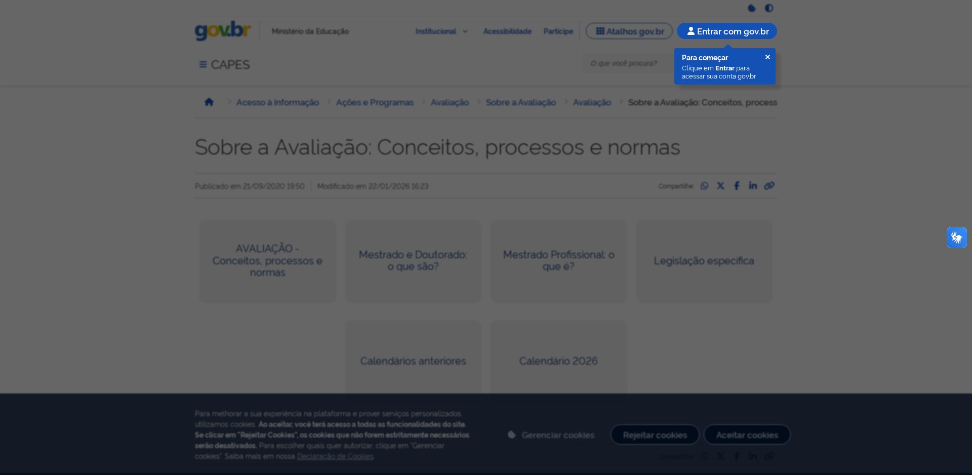 Página da CAPES Sobre a Avaliação: Conceitos, processos e normas, com os cartões Avaliação, Mestrado e Doutorado: o que são?, Mestrado Profissional e Legislação específica