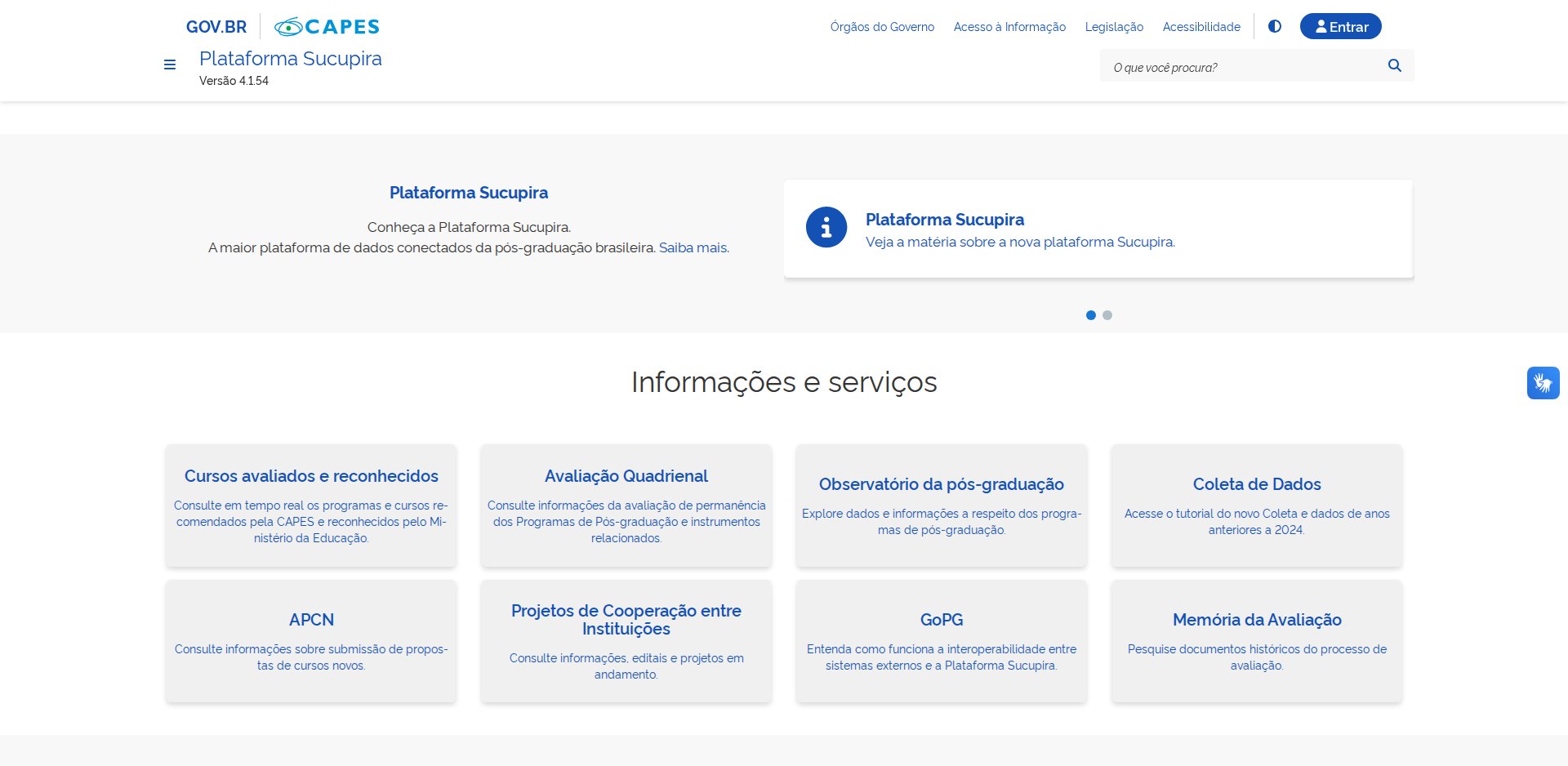 Página inicial da Plataforma Sucupira, versão 4.1.54, com os cartões Cursos avaliados e reconhecidos, Avaliação Quadrienal, Observatório da pós-graduação e Coleta de Dados
