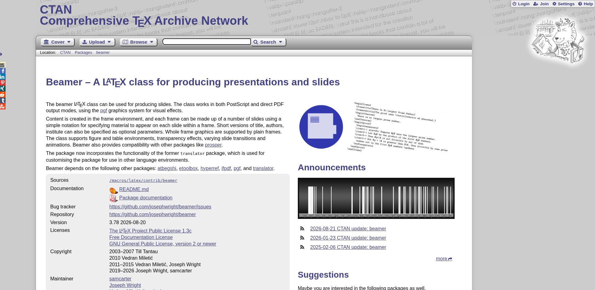 Página do pacote beamer no CTAN: A LaTeX class for producing presentations and slides, versão 3.78 de 2026-08-20, licenças LPPL 1.3c, FDL e GPL v2 ou posterior, mantenedores samcarter e Joseph Wright