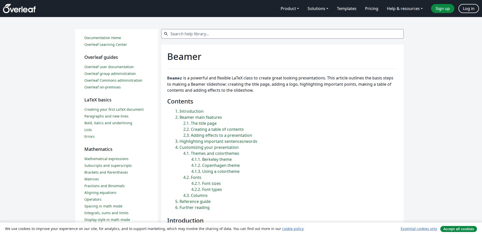 Página Beamer do Overleaf Learn, com o sumário: Introduction, Beamer main features (title page, table of contents, effects), Highlighting important sentences/words, Customizing your presentation (themes and colorthemes, fonts, columns), Reference guide