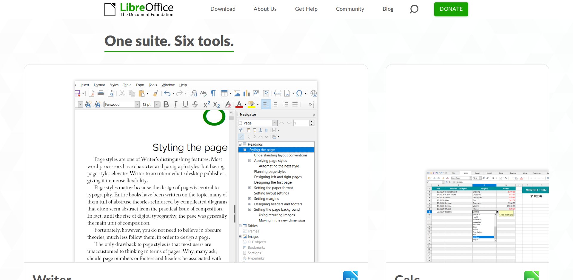 Página da LibreOffice com o título One suite. Six tools. e as capturas do Writer e do Calc; o Impress é uma das seis ferramentas da suíte