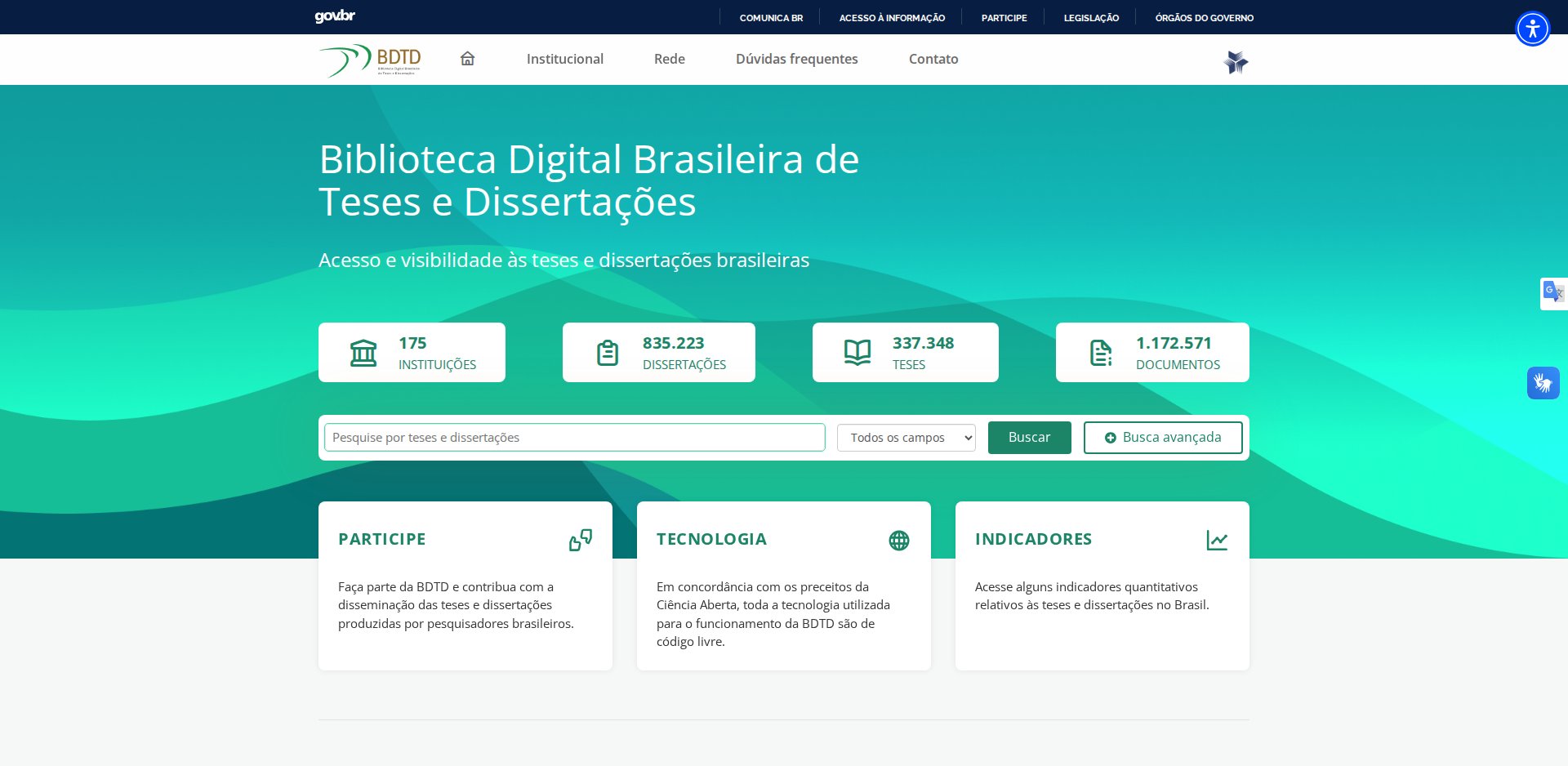 Página inicial da Biblioteca Digital Brasileira de Teses e Dissertações, com os contadores 175 instituições, 835.223 dissertações, 337.348 teses e 1.172.571 documentos e a caixa de busca