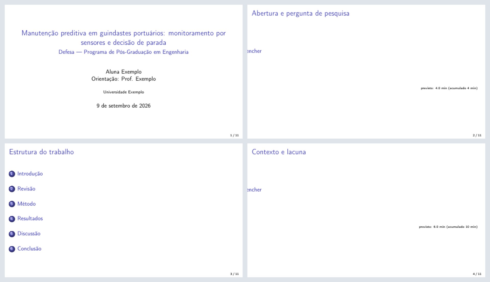 Quatro páginas do PDF compilado: a capa com título, Defesa — Programa de Pós-Graduação em Engenharia, Aluna Exemplo, Orientação: Prof. Exemplo, Universidade Exemplo e a data; o frame Abertura e pergunta de pesquisa com [preencher] e o rodapé previsto: 4.0 min (acumulado 4 min); o frame Estrutura do trabalho com seis capítulos numerados; o frame Contexto e lacuna com previsto: 6.0 min (acumulado 10 min)