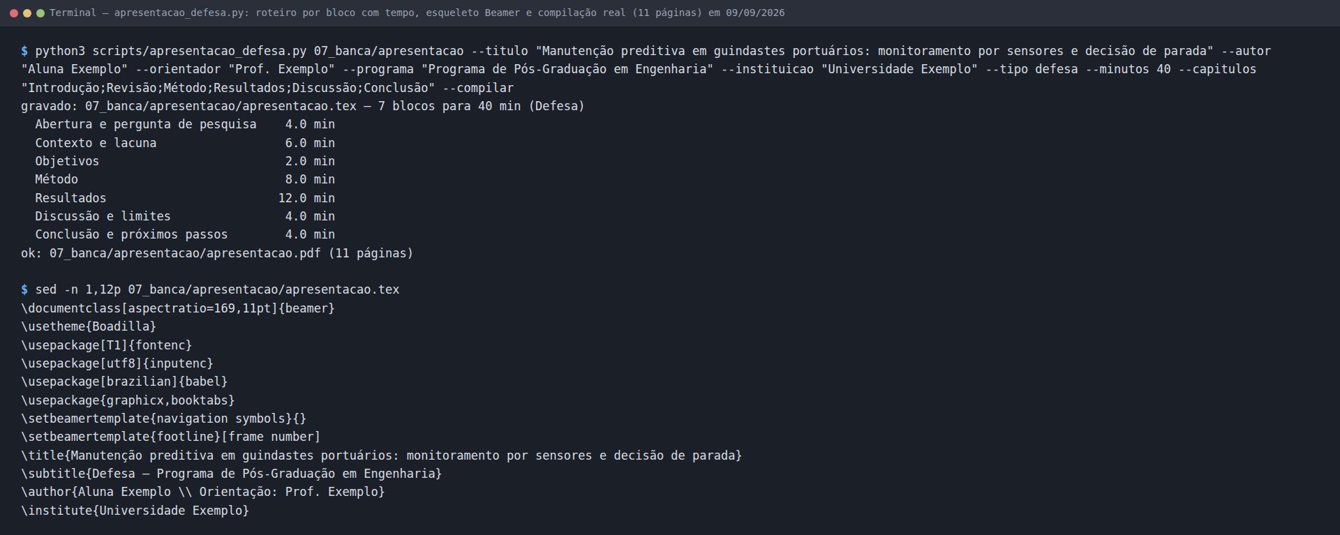 Terminal: python3 scripts/apresentacao_defesa.py com título, autora, orientador, programa e instituição fictícios, tipo defesa, 40 minutos e seis capítulos; a saída lista os sete blocos com os minutos, ok: apresentacao.pdf (11 páginas), e o sed mostra as doze primeiras linhas do apresentacao.tex